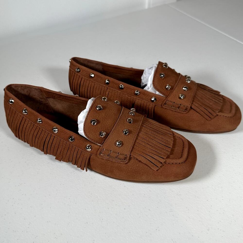 Antonio Melani Sylvan Loafers Womens 6.5 Brown Leather Fringe Studded Moccasin